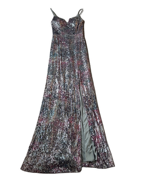 Xscape Multicolor Sequin Maxi Formal Dress Spaghetti Strap Slit SIZE 2